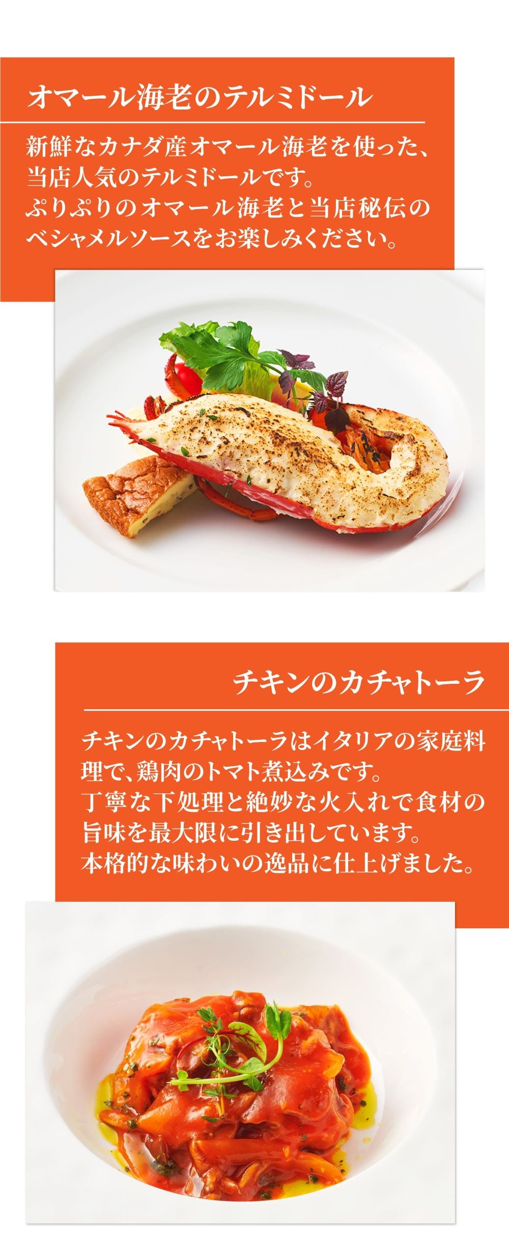 【シェフ監修/一流ホテルの味】<br>ハッピーディナーセット<br>オマール海老(ロブスター)のテルミドール&チキンのカチャトーラ&ミネストローネの2人用セット